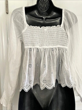 American Eagle Smocked Eyelet Peasant Blouse in White Size XS